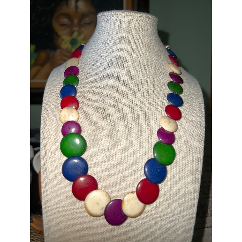 Vintage Color Stone Disc Necklace —20”